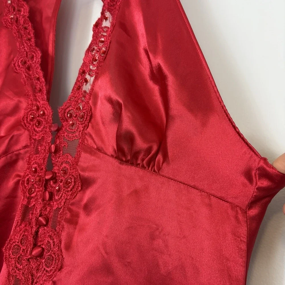 Vtg 80s Victoria's Secret Gold Label Satin Slip Dress Maxi Buttons Lace Trim Red